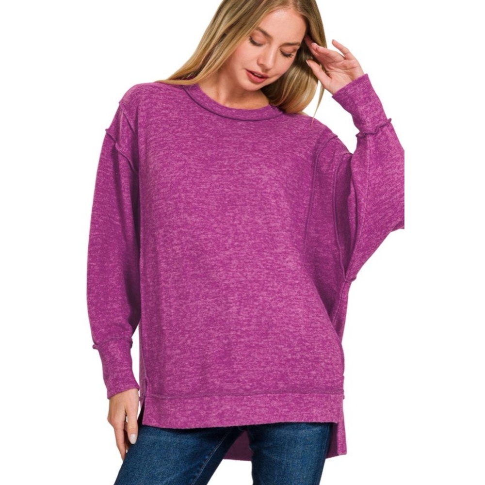 Zenana Hacci Inside Out Brushed Fleece Oversized Sweatshirt Berry Pink Medium
